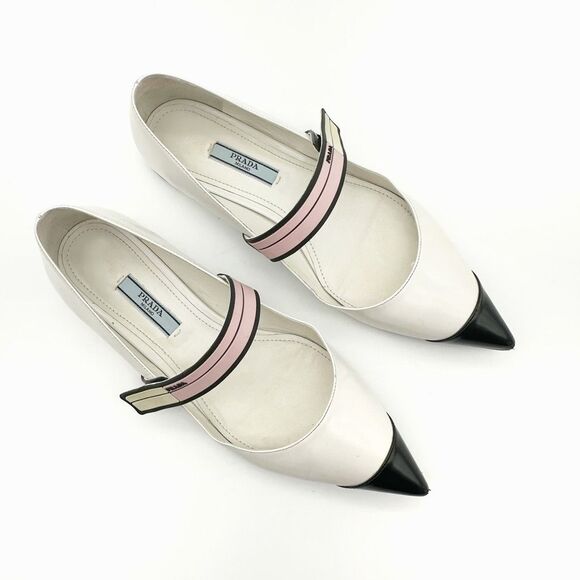 PRADA Mary Jane Cap Pointed Toe Ballet Flats Size 37 US 6.5 White Black Pink - Picture 2 of 10